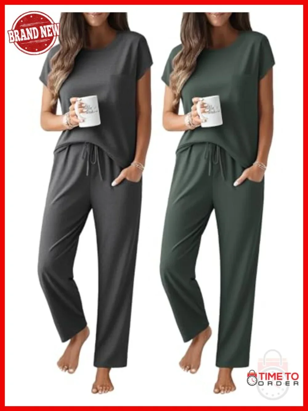 Women's 2-Piece Pajama Set Cap Sleeve Top and Pants Soft Sleepwear with Pockets